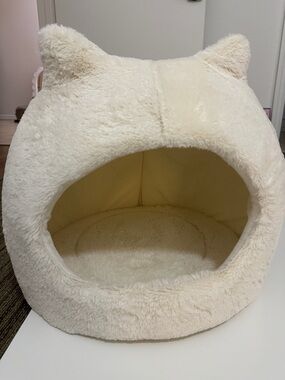 Plush Cream Cat Cave Bed with Soft Cozy Removable Interior Cushion